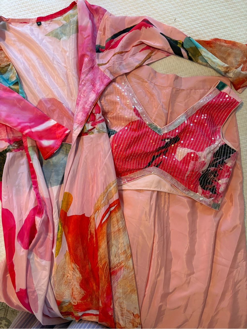 Pink Floral Sequin Kurta with Matching Robe